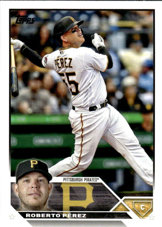 Roberto Perez swinging bat in white uniform on 2023 Topps Pittsburgh Pirates baseball card