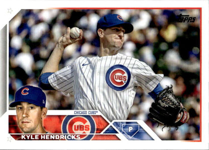 Kyle Hendricks throwing in pinstriped uniform on Chicago Cubs Baseball Card 2023 Topps #137