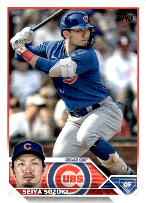 Chicago Cubs Seiya Suzuki batting in blue uniform on 2023 Topps #183 baseball card