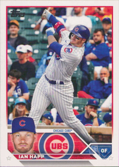 Ian Happ Chicago Cubs Baseball Card showcasing outfielder in pinstriped uniform at bat