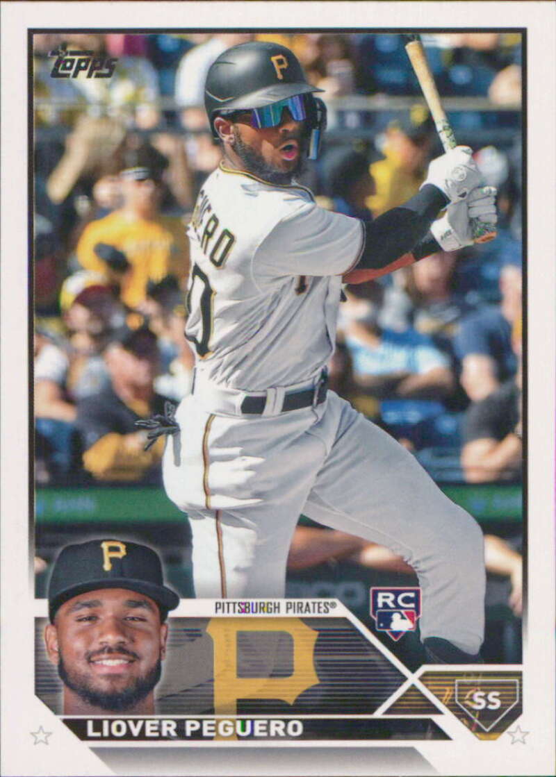 Liover Peguero batting in white uniform on 2023 Topps Pittsburgh Pirates baseball card