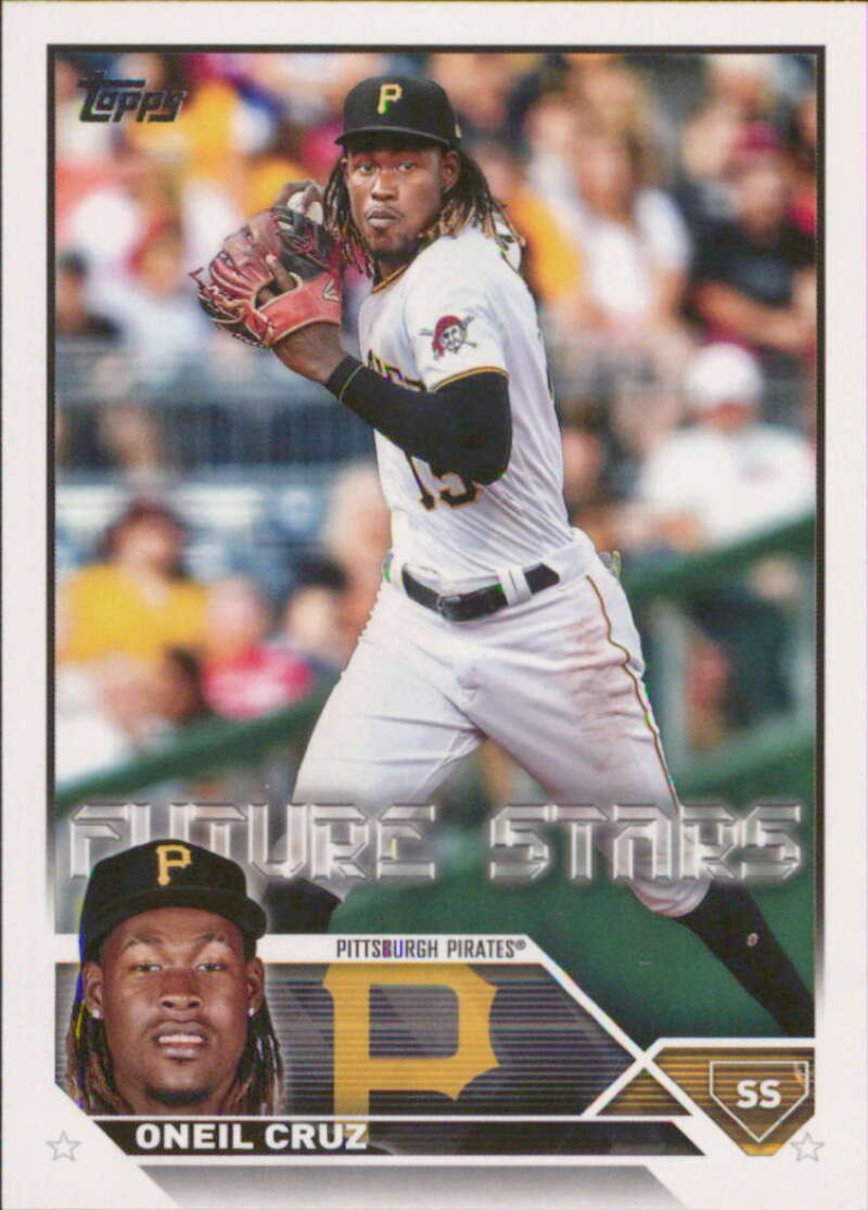 Baseball card of Oneil Cruz in white uniform for Pittsburgh Pirates pitching action