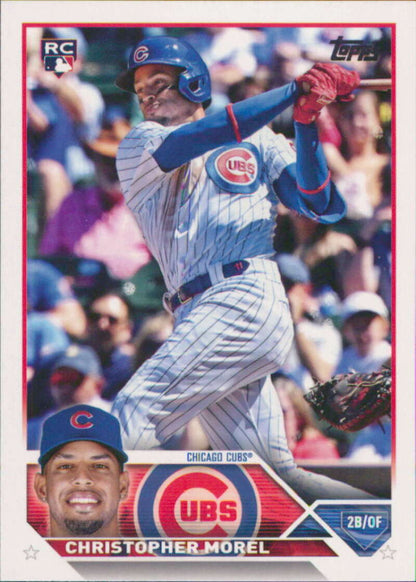 Baseball card of Christopher Morel batting in pinstripes for Chicago Cubs