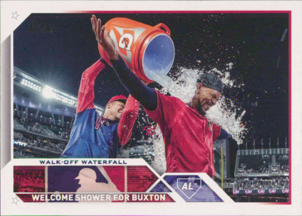 Byron Buxton celebrating victory with teammates and a water cooler shower in Minnesota Twins game