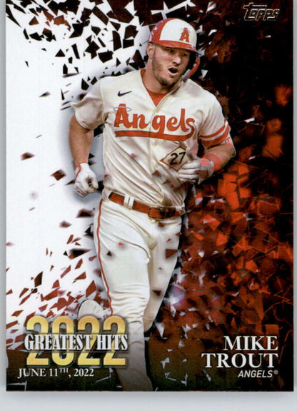 Baseball trading card of Mike Trout in Angels uniform from 2023 Topps Greatest Hits 22GH-18