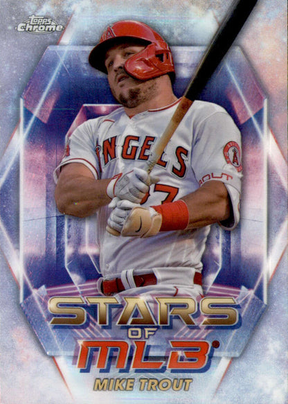 Mike Trout in white uniform at plate on 2023 Topps MLB Chrome Refractor card