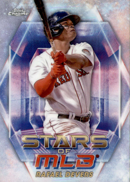 Baseball card of Rafael Devers in Red Sox white uniform with red accents