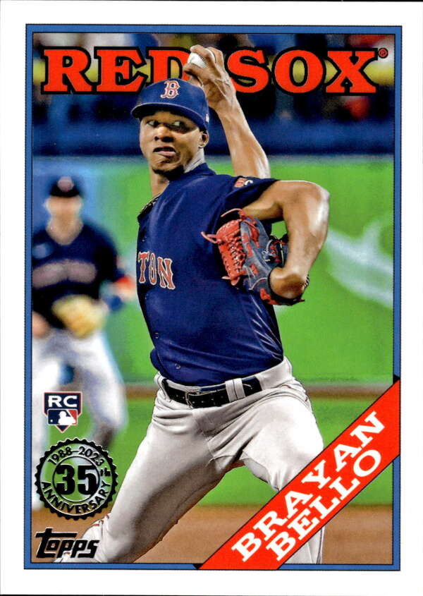 Baseball card of Brayan Bello in mid-throw for Boston Red Sox in navy uniform