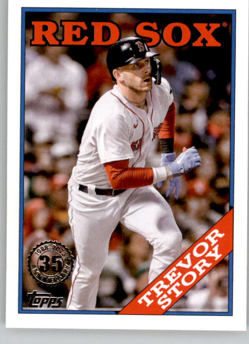 Baseball card of Trevor Story in Boston Red Sox uniform at bat from 2023 Topps set