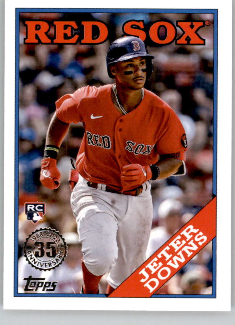 Baseball card of Jeter Downs in a red jersey for the Boston Red Sox