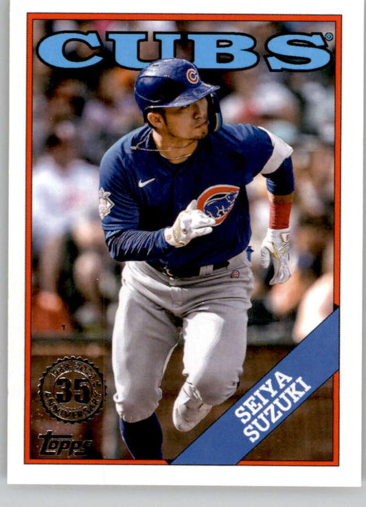 Chicago Cubs player Seiya Suzuki running to first base on 2023 Topps baseball card