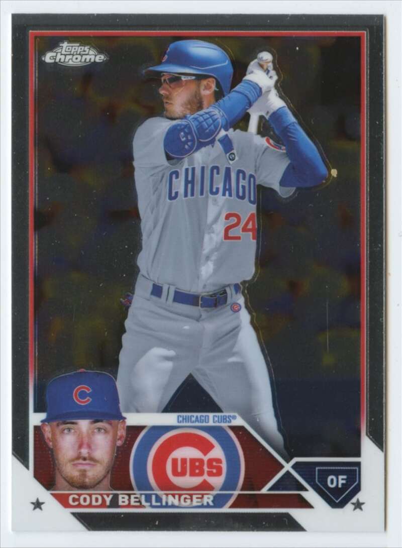 Cody Bellinger 2023 Topps Chrome baseball card featuring Chicago Cubs road uniform number 24