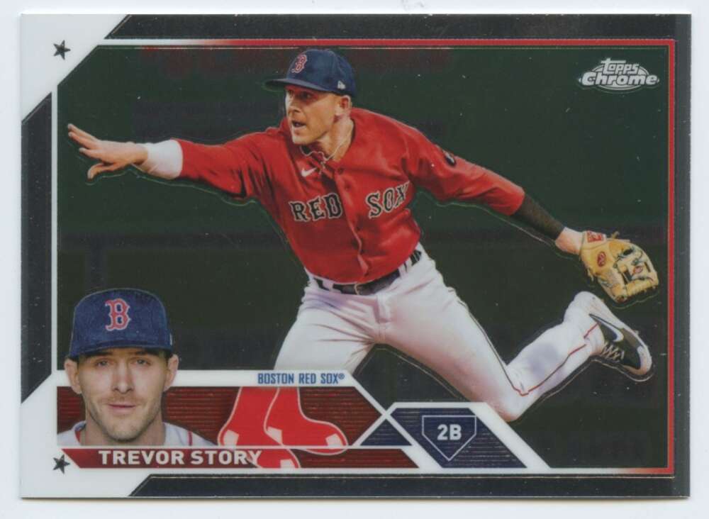 Baseball card of Trevor Story making a leaping catch for the Boston Red Sox