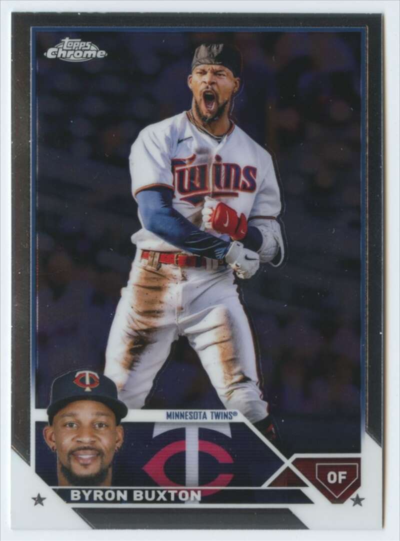 Byron Buxton emotional in white uniform on 2023 Topps Chrome Minnesota Twins baseball card