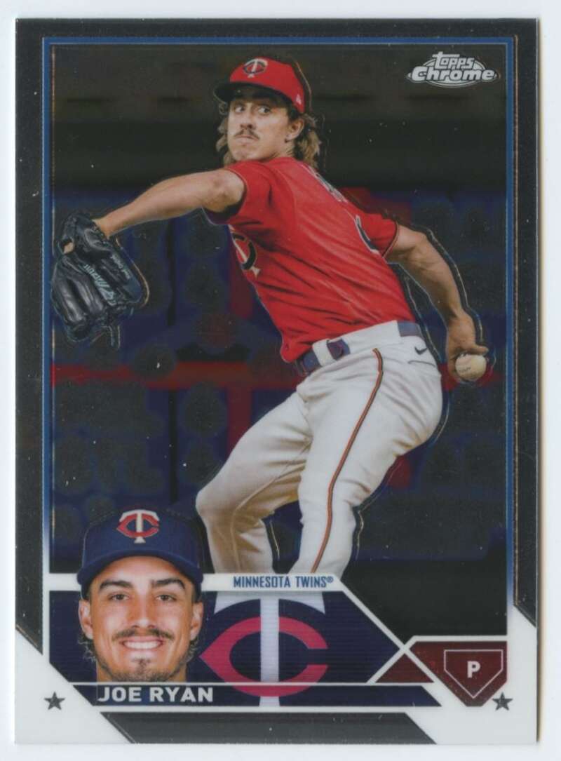 Joe Ryan Minnesota Twins pitcher in red uniform on 2023 Topps Chrome baseball card