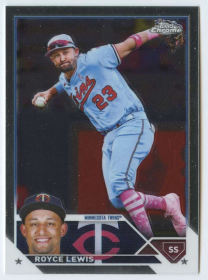 Baseball trading card of Royce Lewis in light blue uniform for Minnesota Twins Topps Chrome