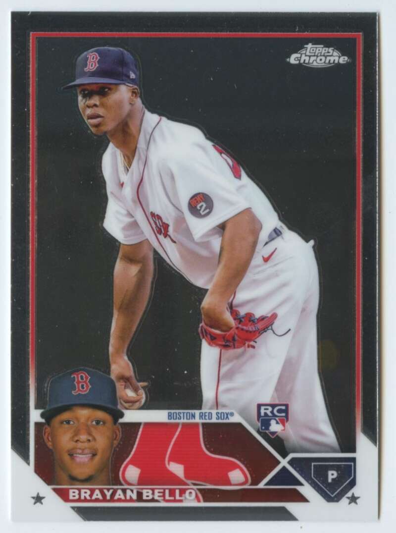 Baseball card of Brayan Bello, Red Sox pitcher in white uniform, Topps Chrome collectible