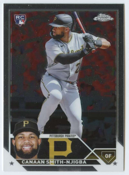 Canaan Smith-Njigba in batting stance on 2023 Topps Chrome Pittsburgh Pirates card