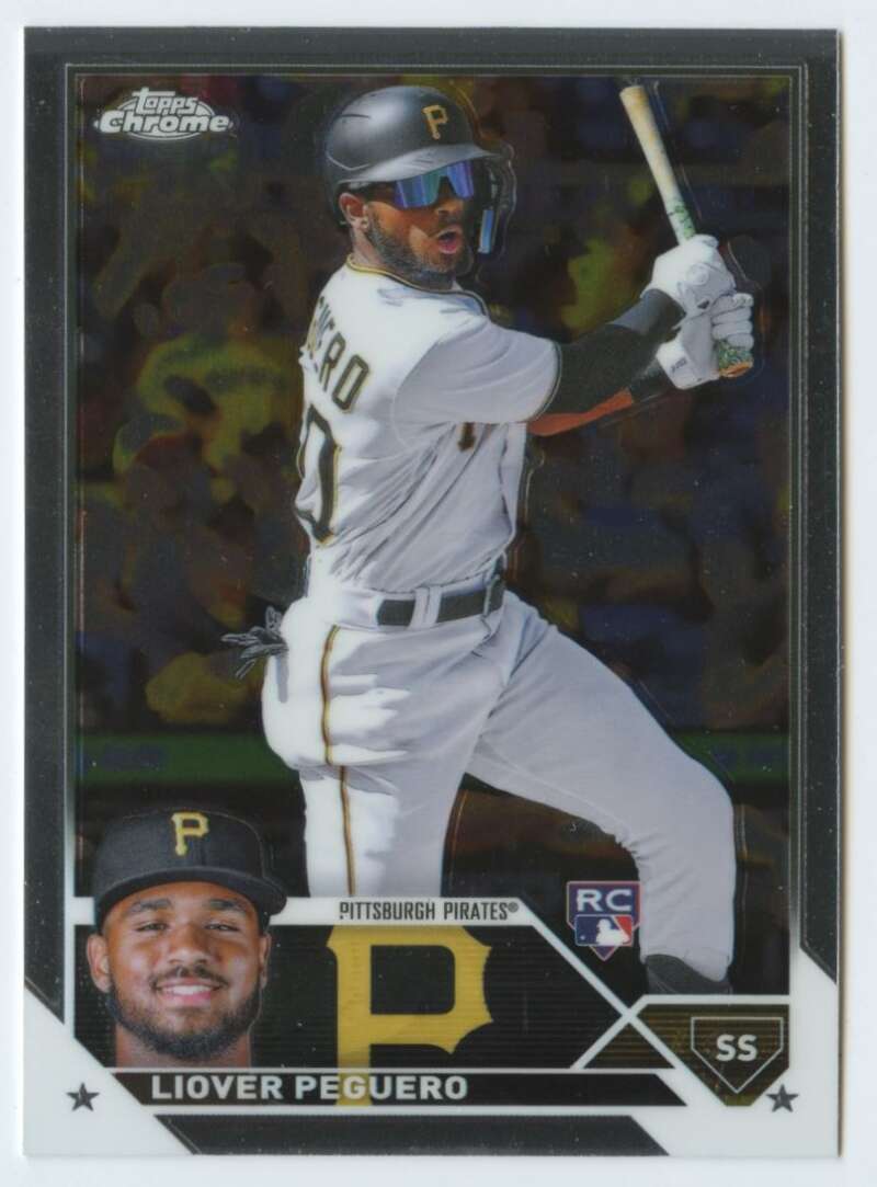 Liover Peguero 2023 Topps Chrome rookie card featuring Pittsburgh Pirates in white uniform