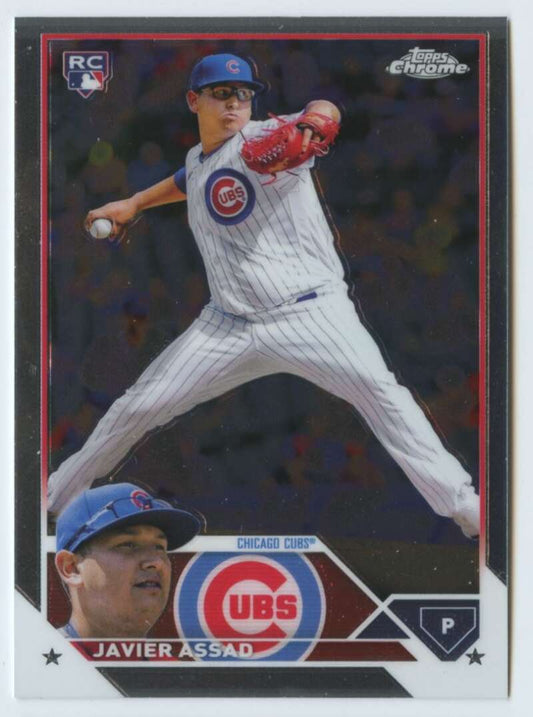 2023 Topps Chrome Javier Assad Chicago Cubs baseball card with pitcher in action