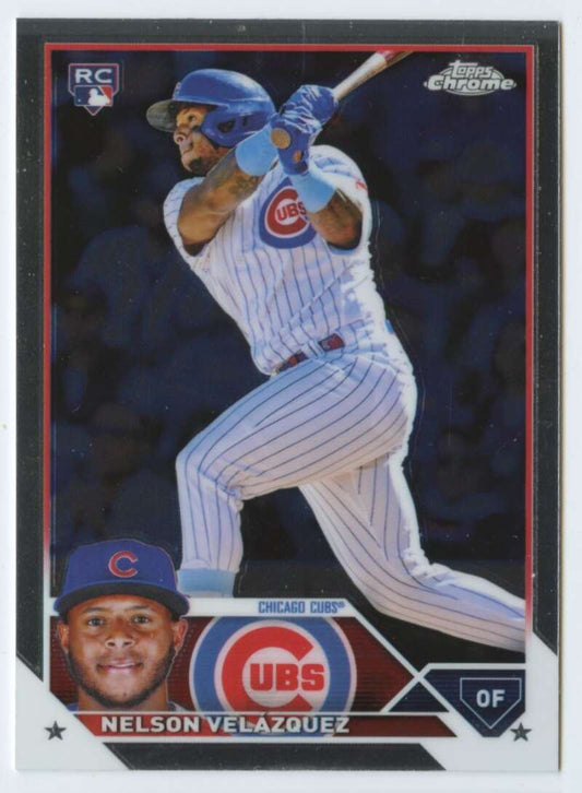 Nelson Velazquez 2023 Topps Chrome Rookie Chicago Cubs Baseball Card at bat in pinstripes