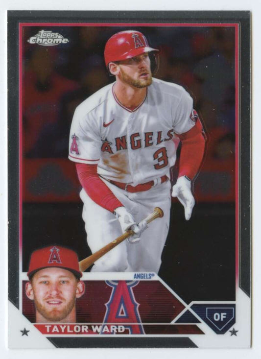 Baseball card of Taylor Ward, Los Angeles Angels outfielder in white uniform with bat