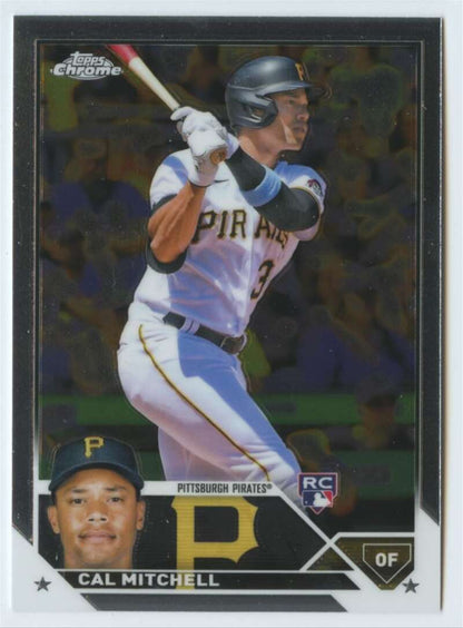 Cal Mitchell batting in white uniform on 2023 Pittsburgh Pirates baseball card