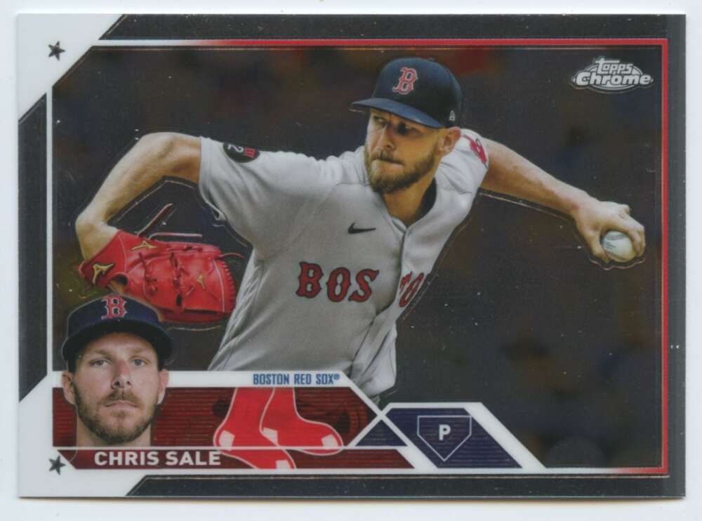 Baseball card of Chris Sale in mid-throw for the Red Sox wearing a gray uniform