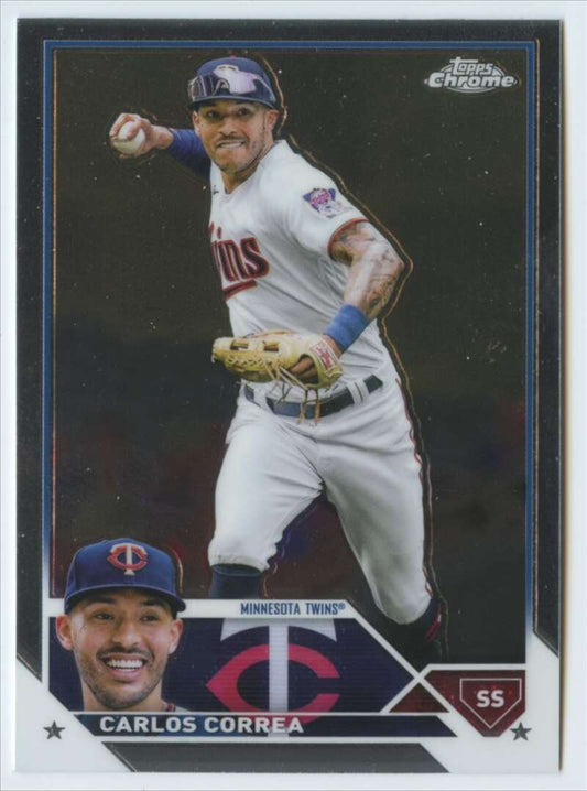 Carlos Correa Minnesota Twins baseball card in white uniform making a throw