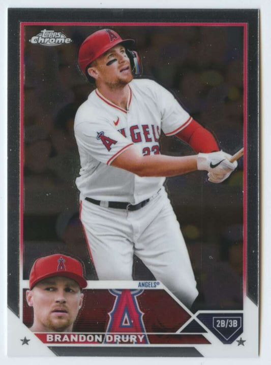 Baseball trading card of Brandon Drury in Los Angeles Angels uniform with red accents