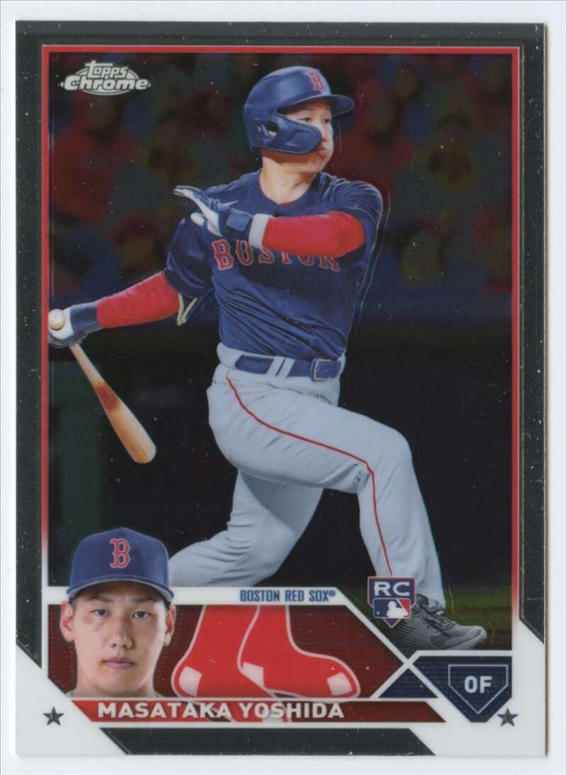 Masataka Yoshida batting in gray uniform on 2023 Topps Chrome Boston Red Sox card