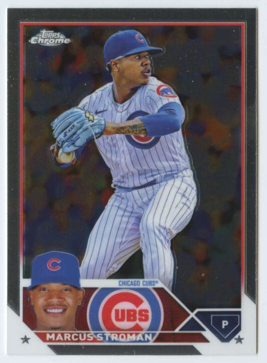 Chicago Cubs baseball card featuring Marcus Stroman in pinstriped uniform