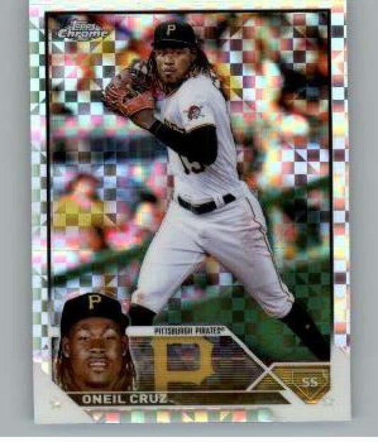 2023 Topps Chrome X-Fractor baseball card of Pittsburgh Pirates player Oneil Cruz