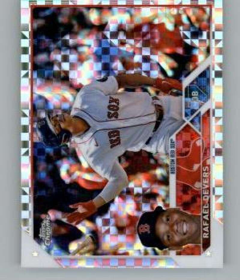 Baseball card featuring Rafael Devers in a white uniform for Red Sox with holographic pattern