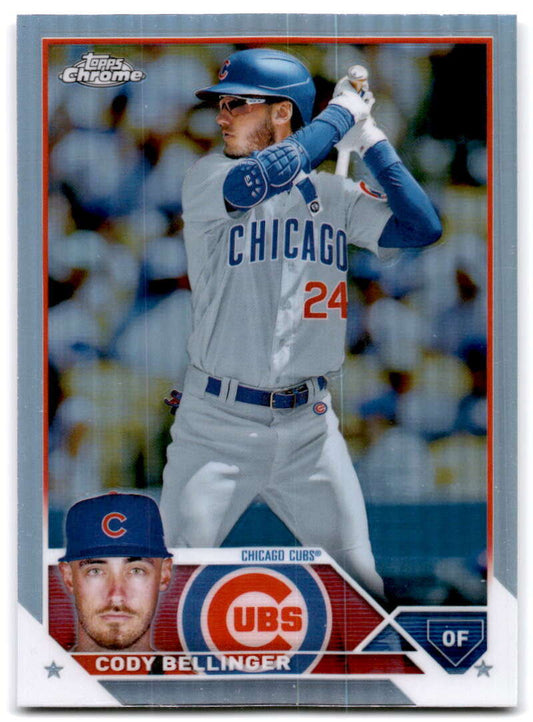 Cody Bellinger in gray road uniform on 2023 Topps Chrome Refractor Chicago Cubs Baseball Card