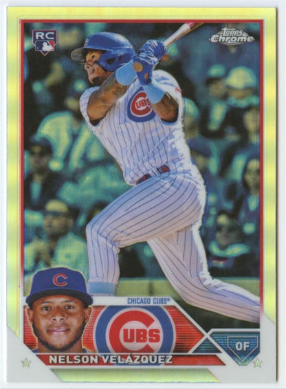 Nelson Velazquez Chicago Cubs baseball card in pinstripe uniform at bat