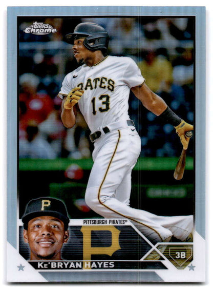 Baseball card of Ke’Bryan Hayes in white home uniform for Pittsburgh Pirates Topps Chrome Refractor