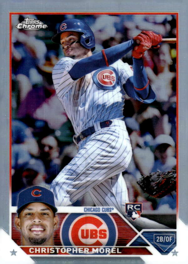 Chicago Cubs Christopher Morel at bat on 2023 Topps Chrome Refractor baseball card