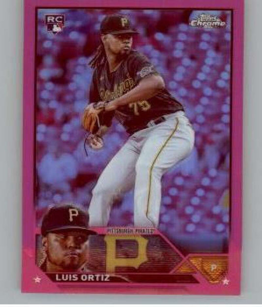 Pink-bordered Pittsburgh Pirates baseball card of Luis Ortiz in black uniform