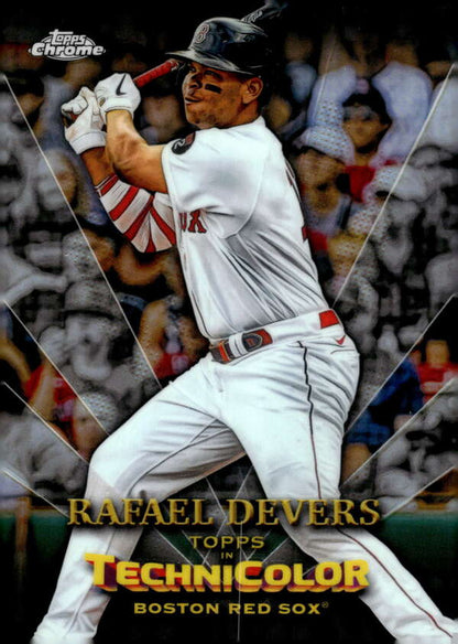 Baseball player in Red Sox uniform swinging bat on 2023 Topps Chrome Technicolor Refractor