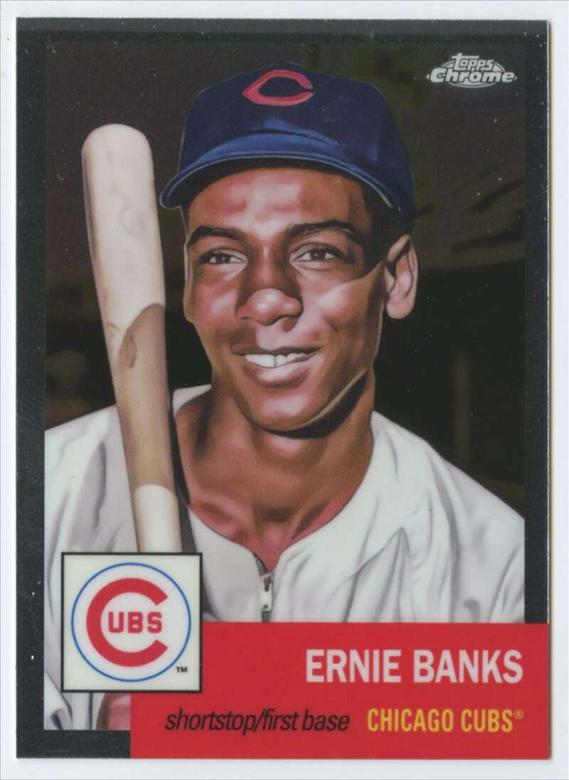 Vintage Chicago Cubs baseball card of Ernie Banks in white uniform and blue cap