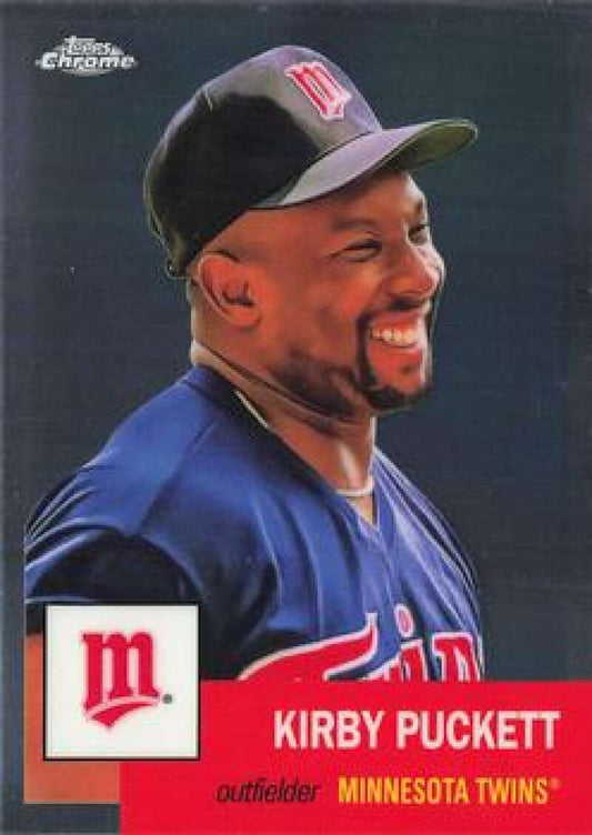 Baseball card of Kirby Puckett in blue uniform from Topps Chrome Platinum Anniversary