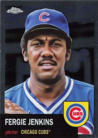 Baseball card of Fergie Jenkins in blue uniform from Topps Chrome Platinum Anniversary