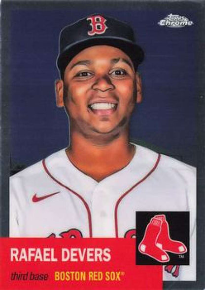 Baseball card of Rafael Devers in Boston Red Sox home jersey and navy cap