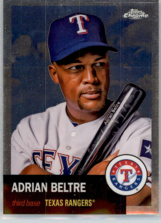 Adrian Beltre baseball card featuring Texas Rangers player in blue cap with bat