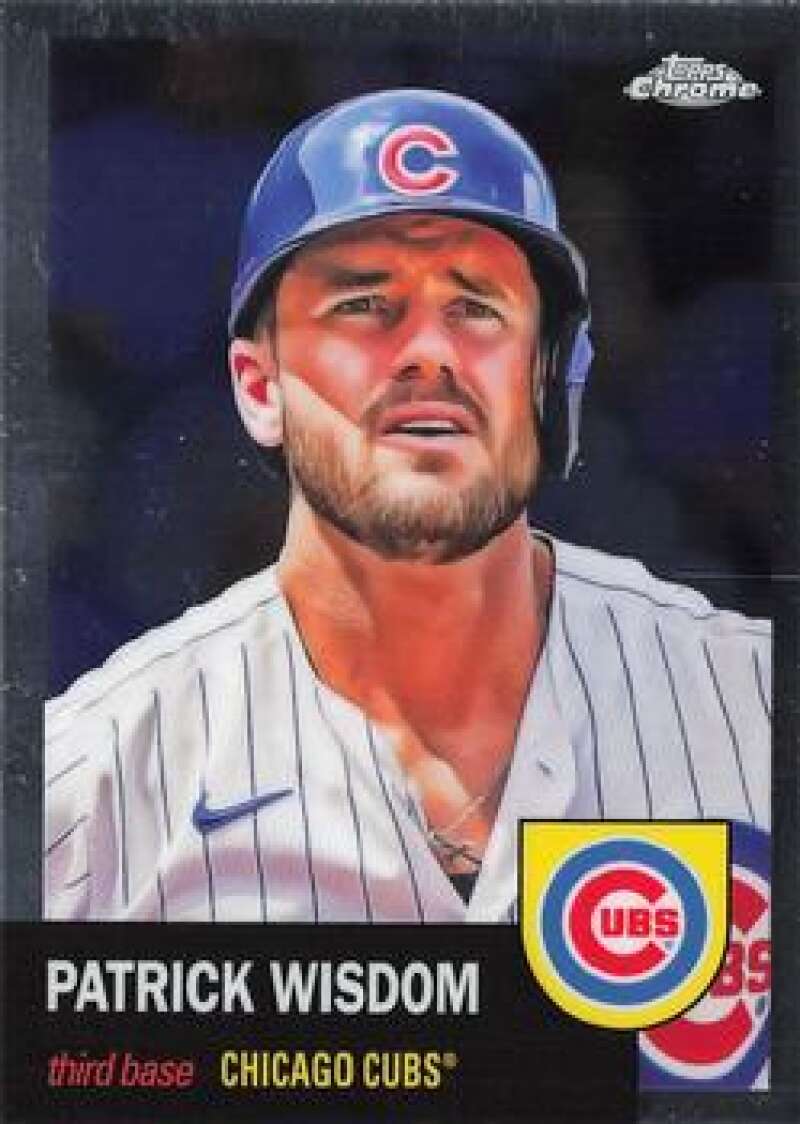 Baseball card of Patrick Wisdom in Chicago Cubs pinstriped uniform and blue cap