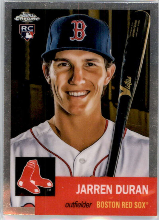 Boston Red Sox outfielder Jarren Duran holding bat on 2022 Topps Chrome Platinum card