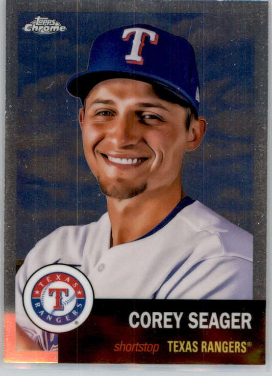 Corey Seager Texas Rangers shortstop in blue cap on 2022 Topps Chrome Platinum card