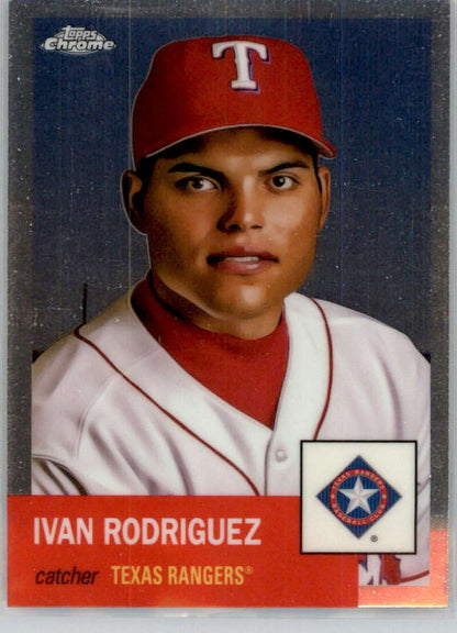 Ivan Rodriguez Texas Rangers catcher in red cap, featured on Topps Chrome Platinum card