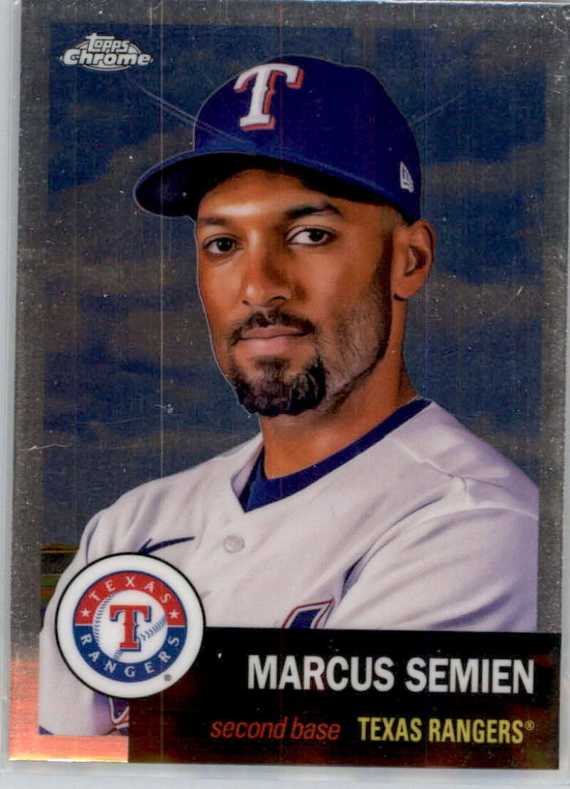 Marcus Semien Texas Rangers baseball card from 2022 Topps Chrome Platinum Anniversary